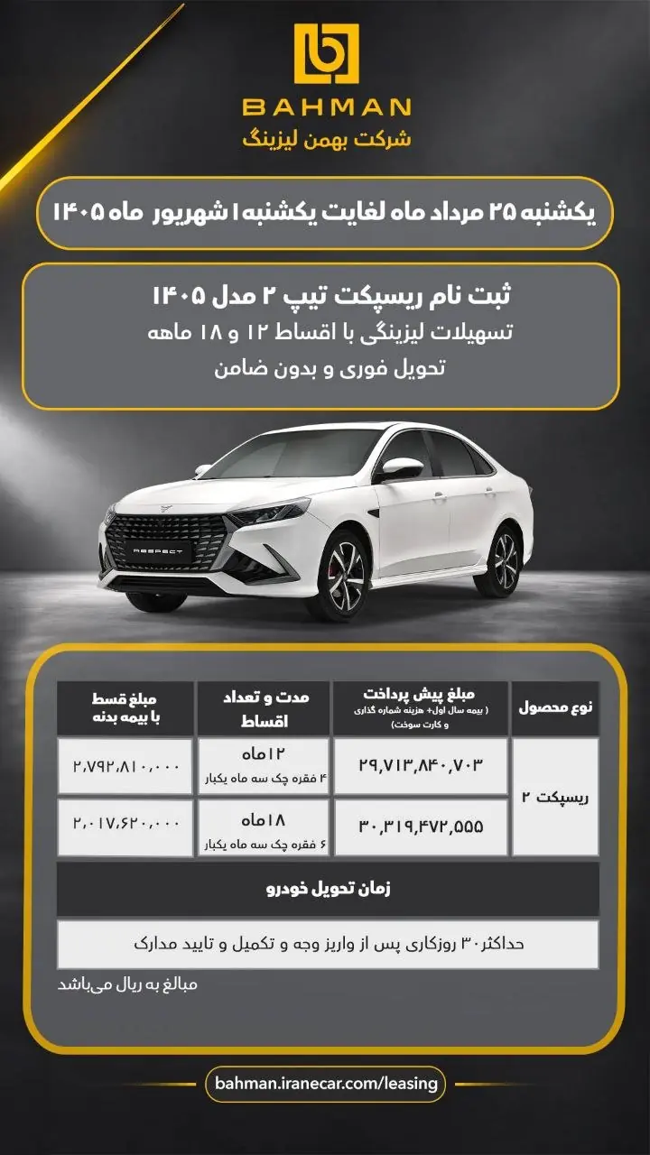   فروش اقساطی فیدلیتی و ریسپکت توسط بهمن لیزینگ