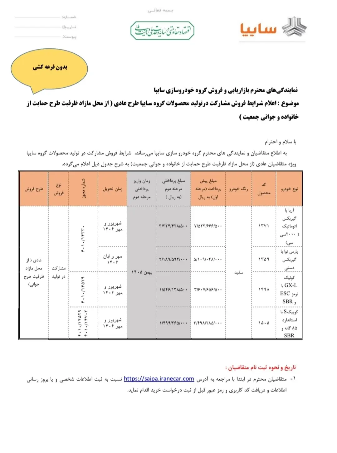 اعلام شرایط فروش مشارکت در تولید محصولات سایپا