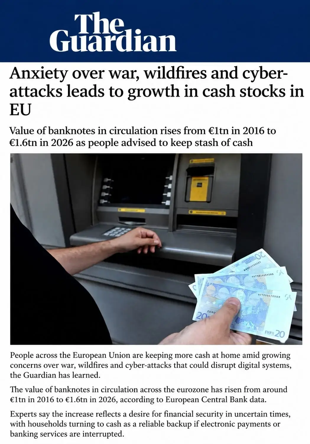  نگرانی از جنگ و حملات سایبری؛ اروپایی‌ها ۱.۶ تریلیون یورو پول نقد در خانه نگه می‌دارند