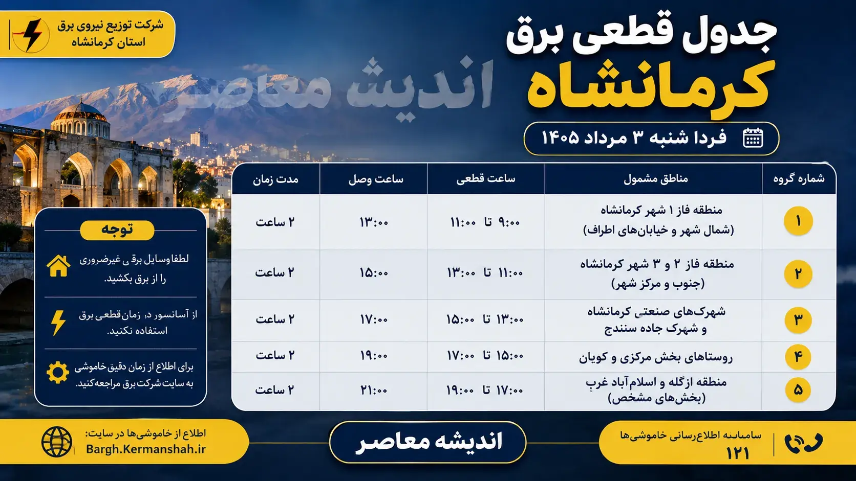 قطعی برق کرمانشاه شنبه ۳۱ مرداد / خاموشیهای فردا مشخص شد / جدول زمانبندی قطع برق مناطق مختلف کرمانشاه