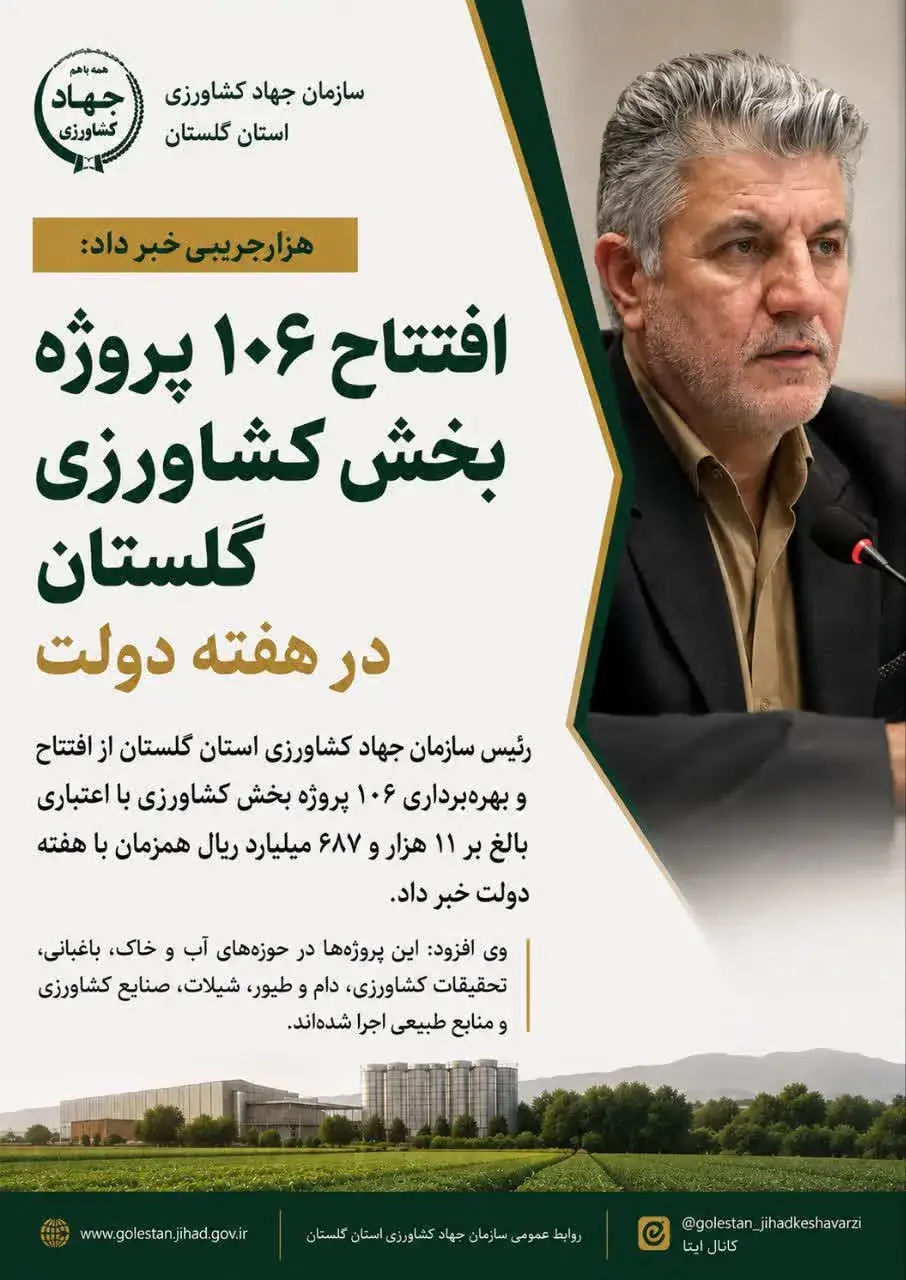 هزارجریبی: ۱۰۶ پروژه بخش کشاورزی گلستان در هفته دولت به بهره‌برداری می‌رسد