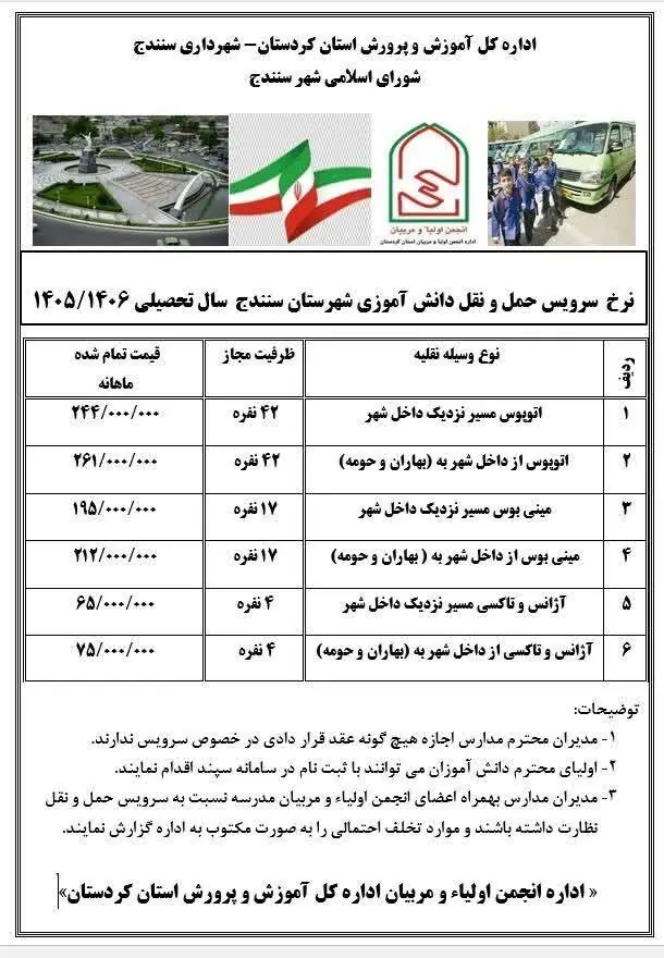 نرخ سرویس حملونقل دانشآموزی سنندج برای سال تحصیلی جدید اعلام شد