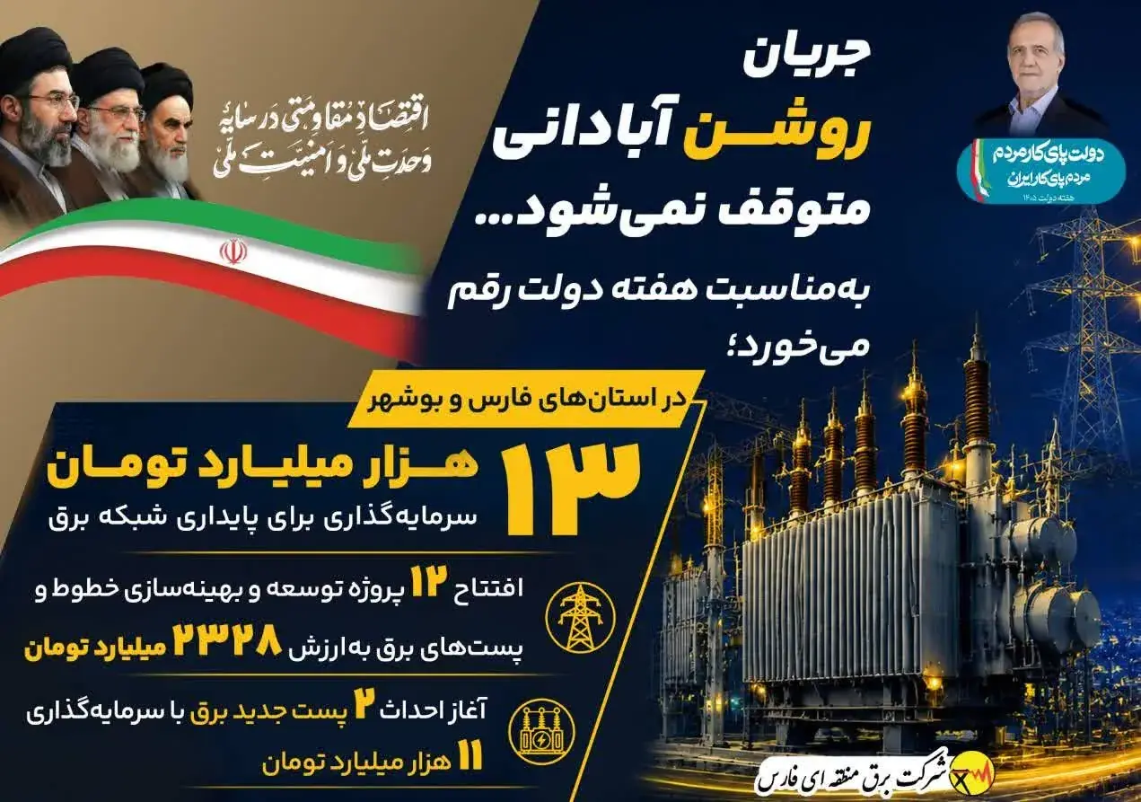  تضمین برق پایدار صنایع و مسکن ملی با اجرای ۱۴ کلان‌پروژه زیرساختی در فارس و بوشهر / تزریق بالغ بر ۱۳ هزار میلیارد تومان سرمایه برای توسعه و تثبیت شبکه برق جنوب کشور