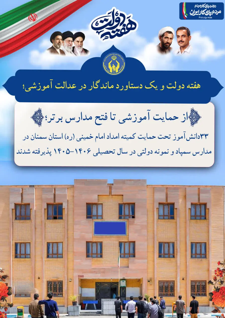  ۳۳دانش‌آموز تحت حمایت کمیته امداد امام خمینی (ره) استان سمنان در مدارس سمپاد و نمونه دولتی در سال تحصیلی ۱۴۰۶-۱۴۰۵پذیرفته شدند