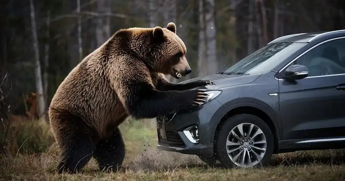 لحظه عجیب حمله یک خرس مادر به یک خودروی سواری!
