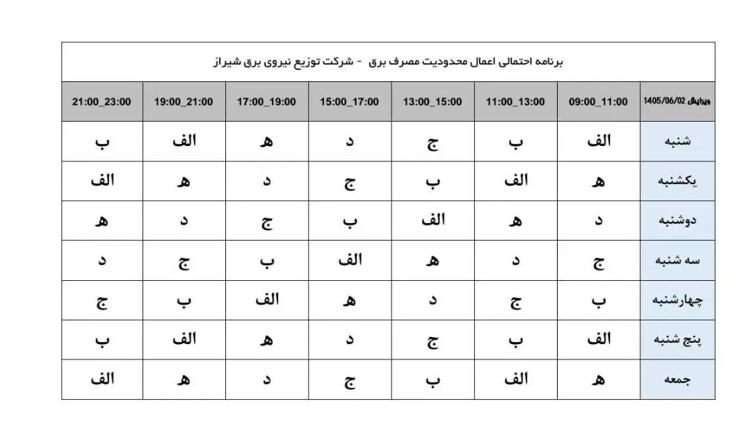 جزئیات جدول جدید خاموشی‌های برنامه‌ریزی‌شده و احتمالی برق در شیراز