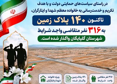 واگذاری ۱۴۰ پلاک زمین به خانواده شهدا و ایثارگران در گلپایگان