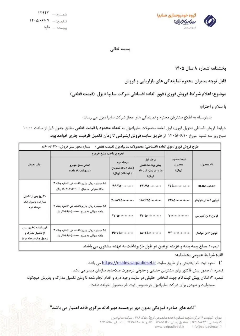  اعلام شرایط فروش فوری و فوق‌العاده نقدی و نقدی اقساطی