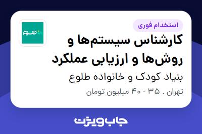  استخدام کارشناس سیستم‌ها و روش‌ها و ارزیابی عملکرد - خانم در بنیاد کودک و خانواده طلوع