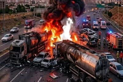 تصادف و انفجار تانکر سوخت در محور سنندج ـ همدان؛ ۱۱ نفر جان باختند