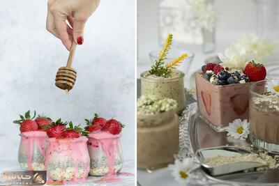 اسموتی دانه چیا با توت فرنگی و هلو | خنک و پرانرژی برای صبحانه و میان وعده