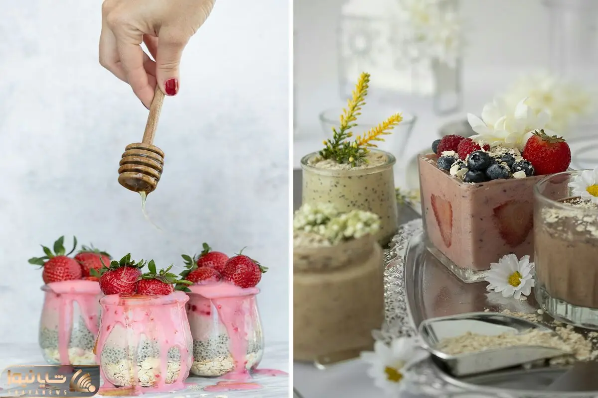 اسموتی دانه چیا با توت فرنگی و هلو | خنک و پرانرژی برای صبحانه و میان وعده