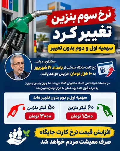  فوری/ نرخ سوم بنزین ۱۰ هزار تومان شد/ سهمیه ۱۵۰۰ و ۳۰۰۰ تومانی بدون تغییر ماند