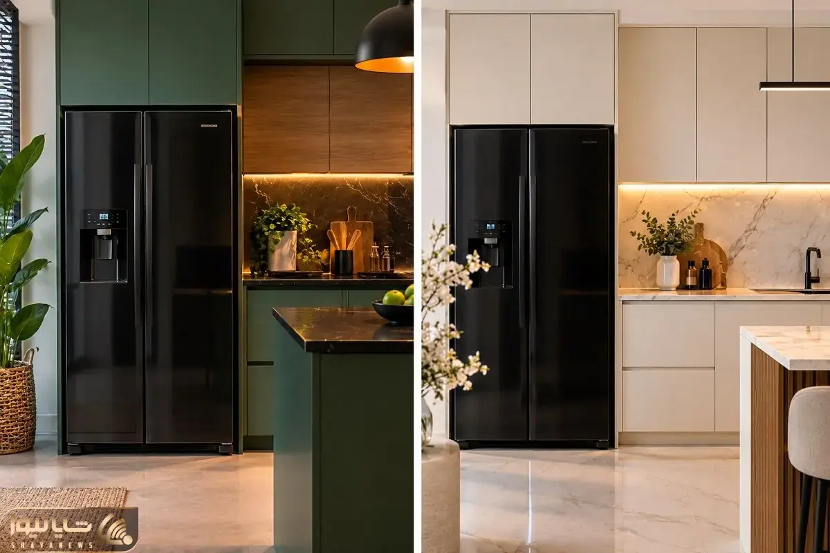 بهترین رنگ کابینت برای هماهنگی با یخچال فریزر مشکی؛ ست سازی اصولی و نمای قشنگ فضا
