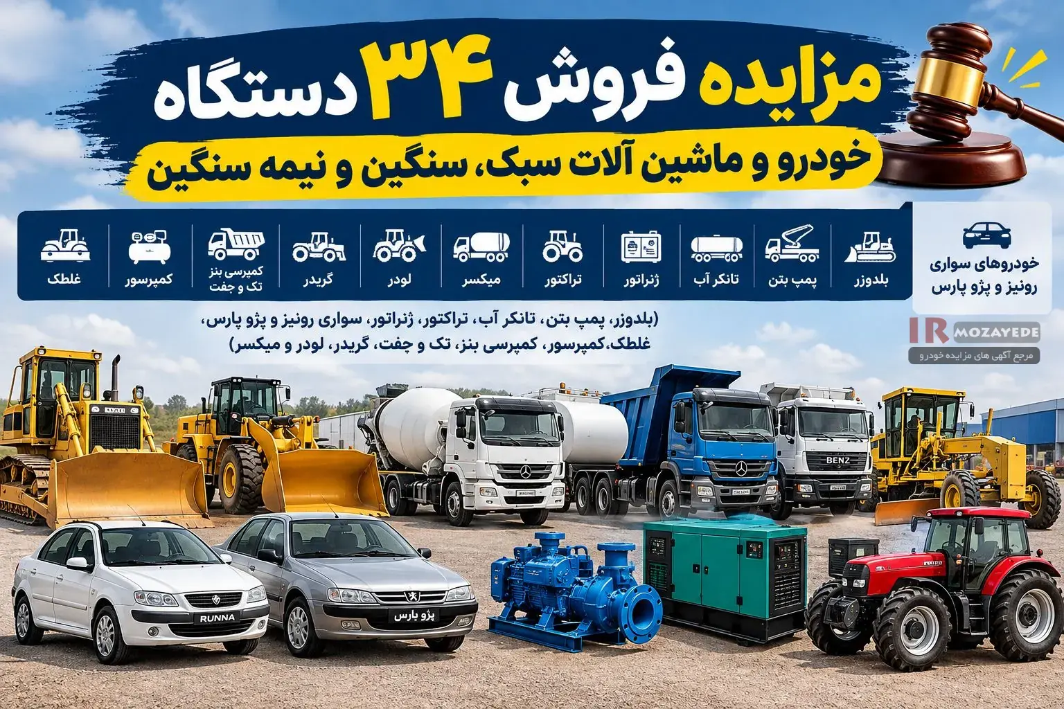 مزایده 34 دستگاه ماشینآلات سنگین و نیمهسنگین؛ فروش لودر، بلدوزر، گریدر و بنز