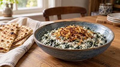  بورانی اسفناج با پیاز داغ؛ پیش‌غذایی خوش‌طعم و معطر