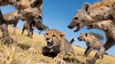  حمله کفتار به توله پلنگ روی درخت
