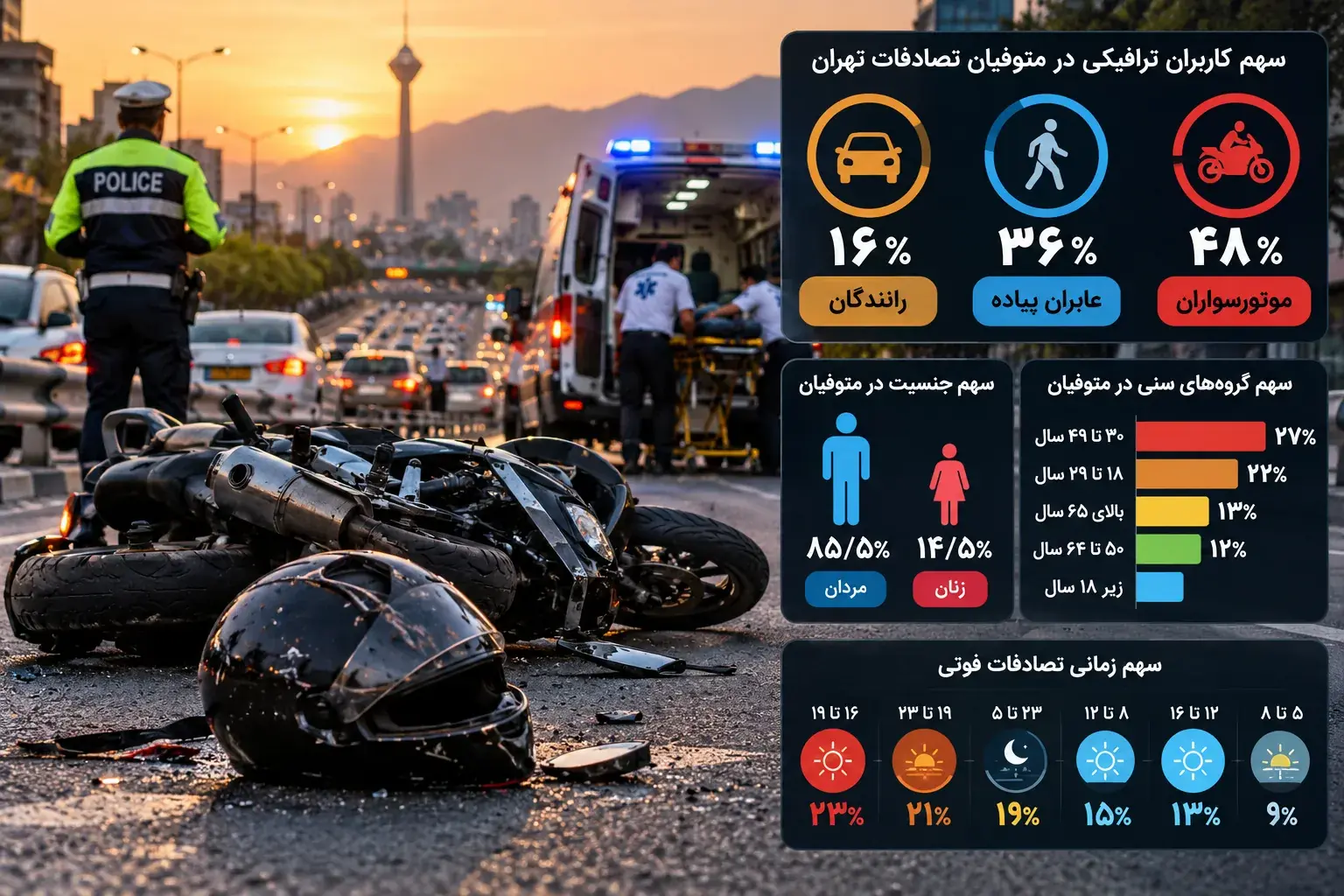  مردان قربانی ۸۵ درصد تصادفات فوتی پایتخت/ موتورسواران در صدر جان‌باختگان حوادث رانندگی