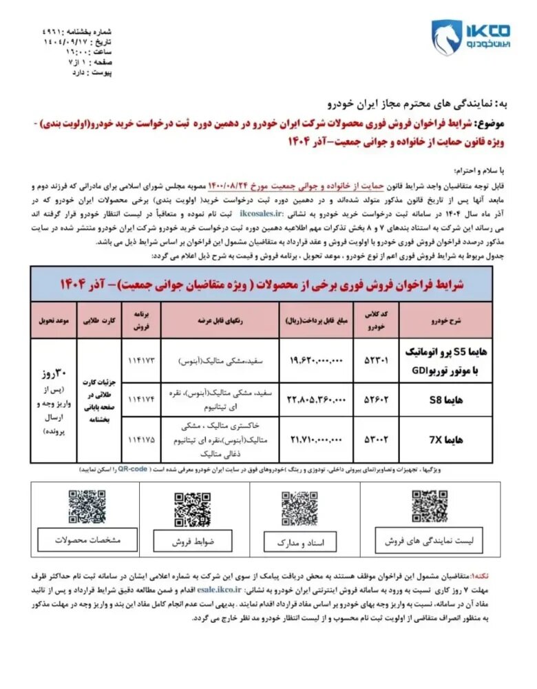 شرایط فروش ۳ محصول ایران خودرو اعلام شد – آذر ۱۴۰۴