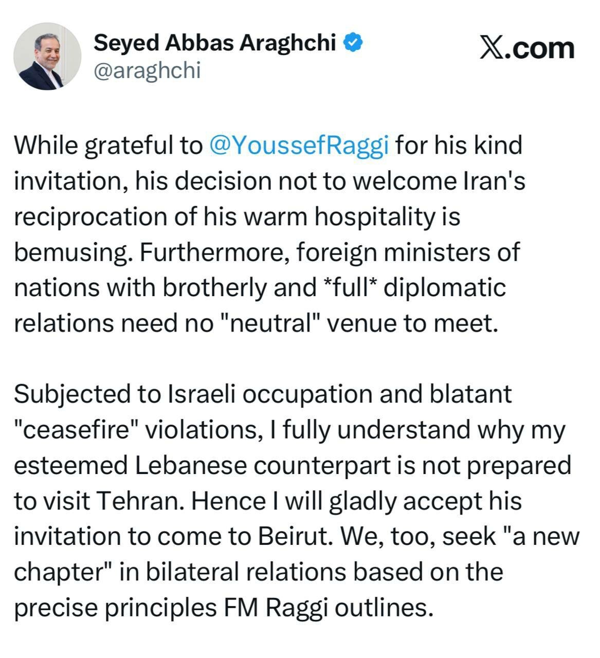 پاسخ عراقچی به همتای لبنانی؛ ما نیز خواهان «فصلی جدید» در روابط دوجانبه هستیم