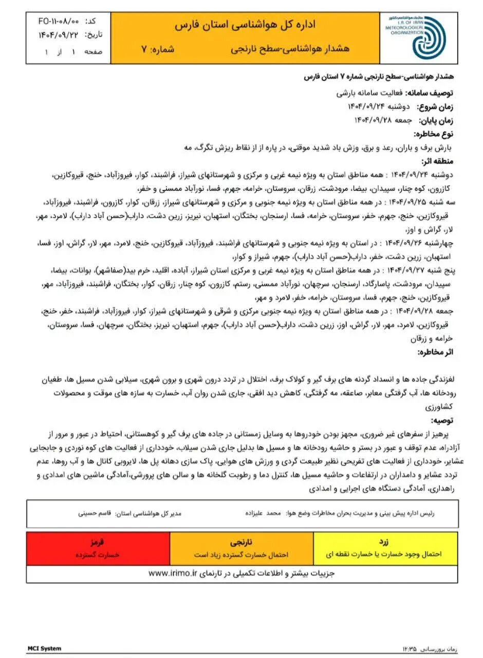بارش شدید باران، برف و وزش باد شدید در راه فارس/ریزش تگرگ؛ مه و کاهش محسوس دما در استان