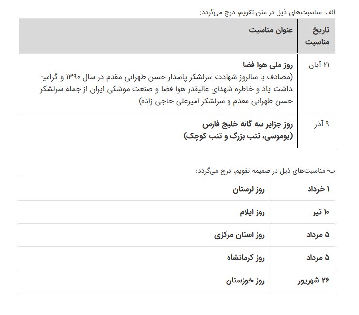 ماده واحده تعیین مناسبت­‌های جدید برای درج در تقویم رسمی کشور ابلاغ شد