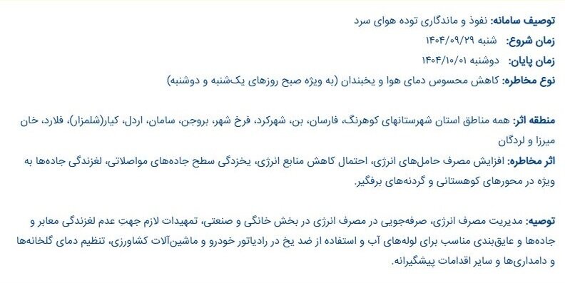 نفوذ و ماندگاری توده هوای سرد در چهرمحال و بختیاری