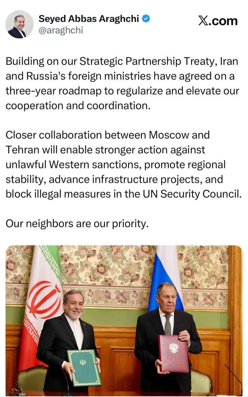 عراقچی خبر داد؛ توافق مهم ایران و روسیه بر سر یک نقشه راه سه ساله