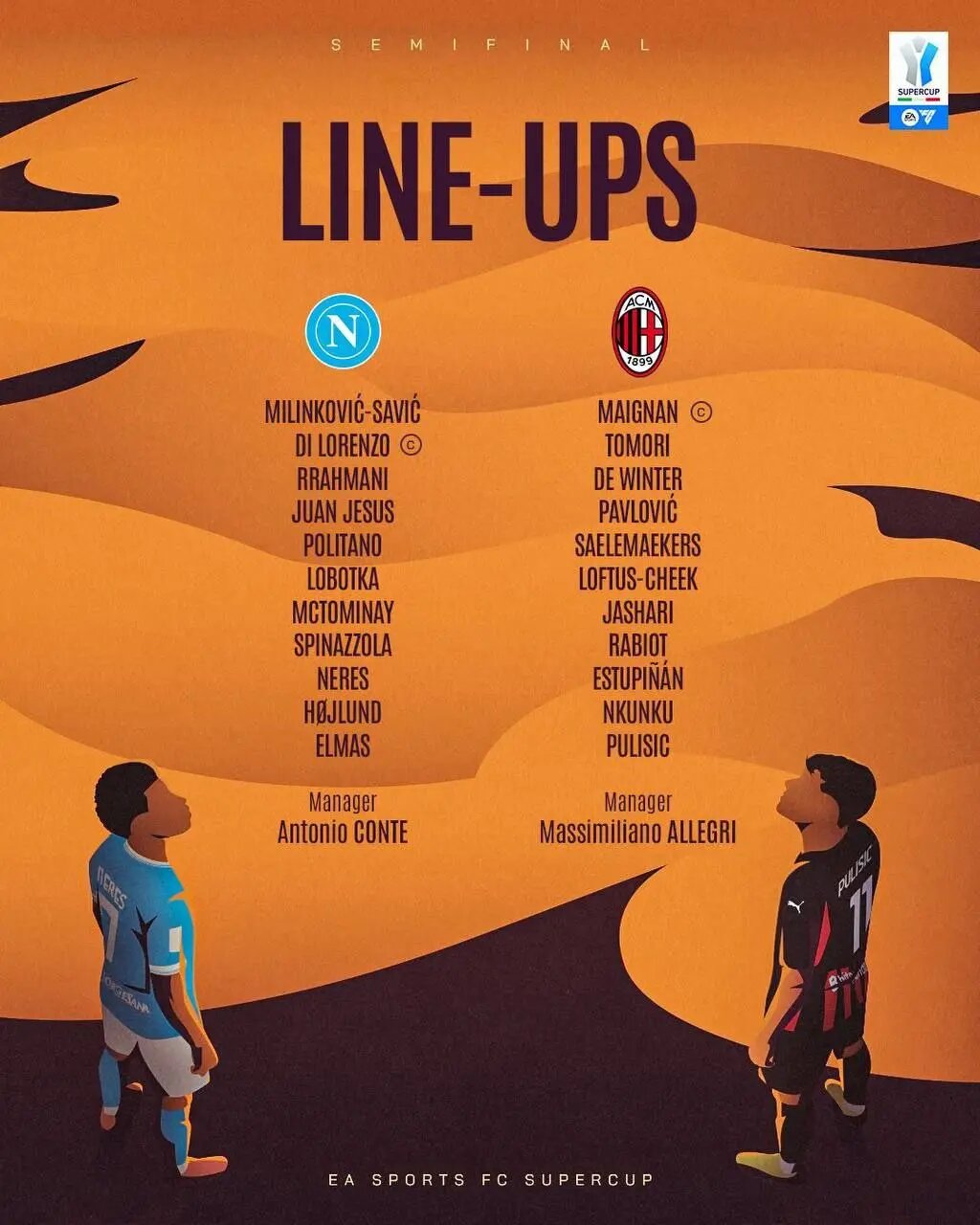 اعلام ترکیب دو تیم ناپولی و میلان