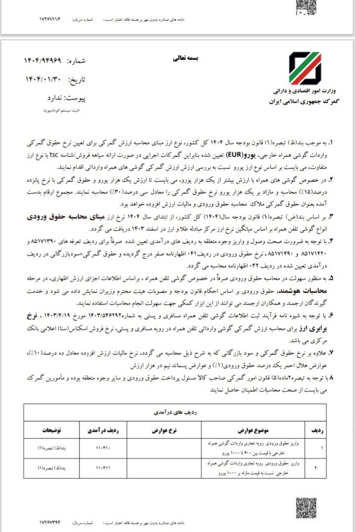 حقوق ورودی واردات گوشی تلفن همراه مشخص شد+جدول