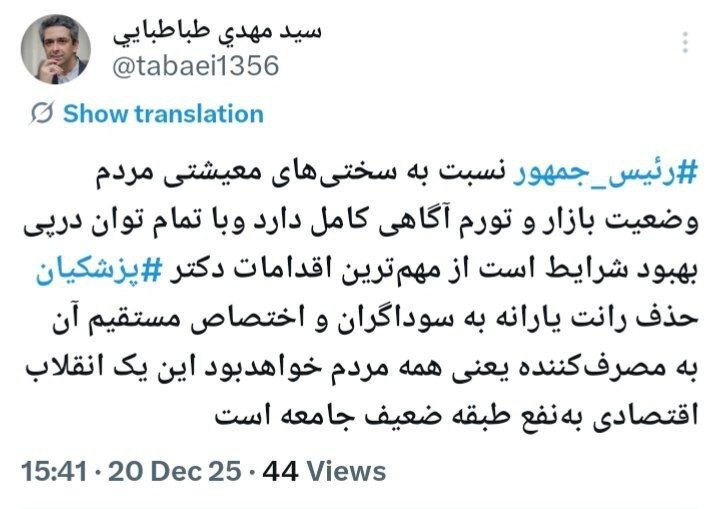 طباطبایی: پزشکیان می‌خواهد رانت یارانه به سوداگران را حذف کند و مستقیما به مردم اختصاص دهد