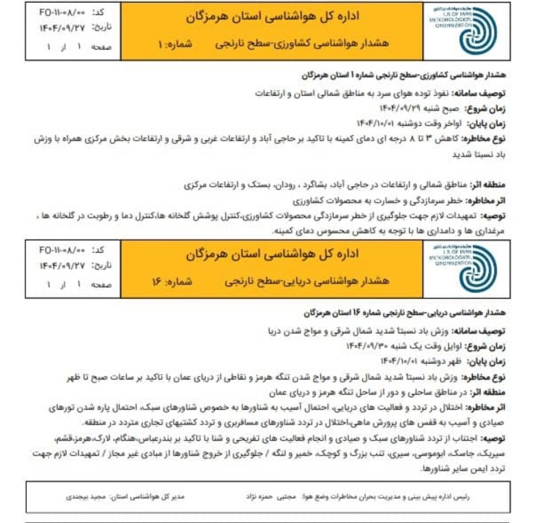 هشدار نارنجی هواشناسی برای هرمزگان؛ خطر سرمازدگی محصولات کشاورزی و مواج شدن دریا