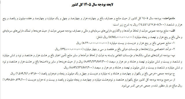 متن لایحه بودجه ۱۴۰۵ منتشر شد