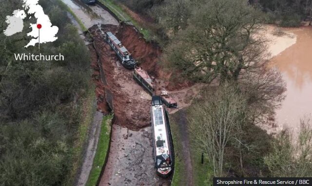 ریزش یک کانال در انگلیس؛ آب رودخانه بلعیده شد و قایق‌ها به گل نشستند