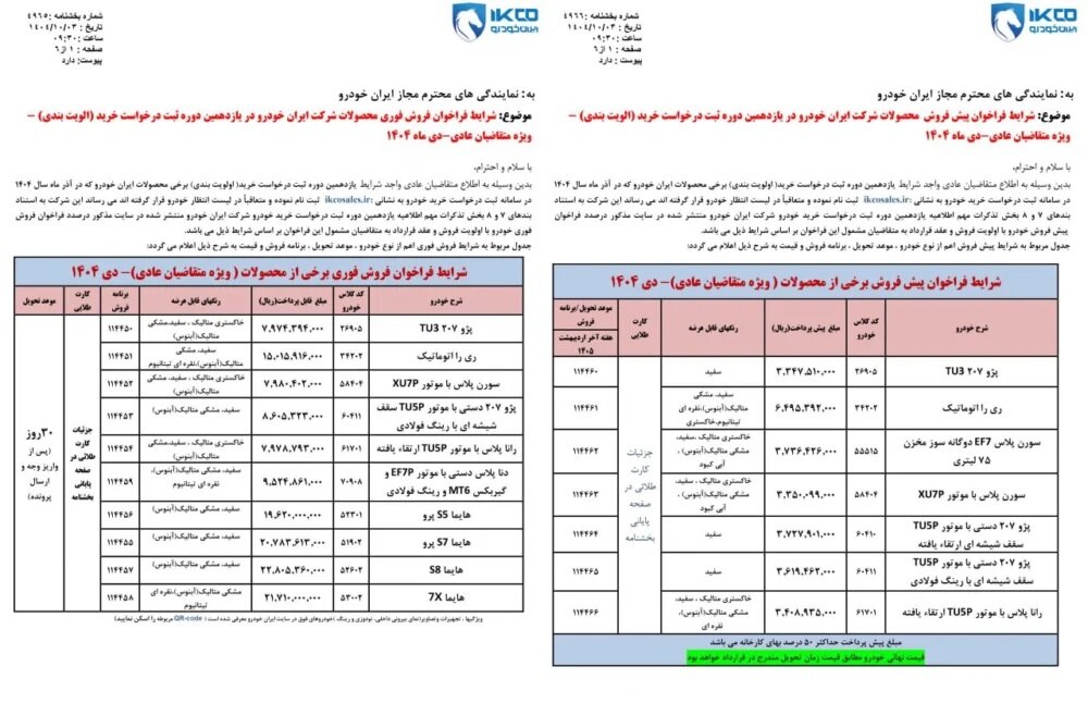 شرایط فروش محصولات ایران خودرو ویژه طرح عادی اعلام شد – دی ۱۴۰۴