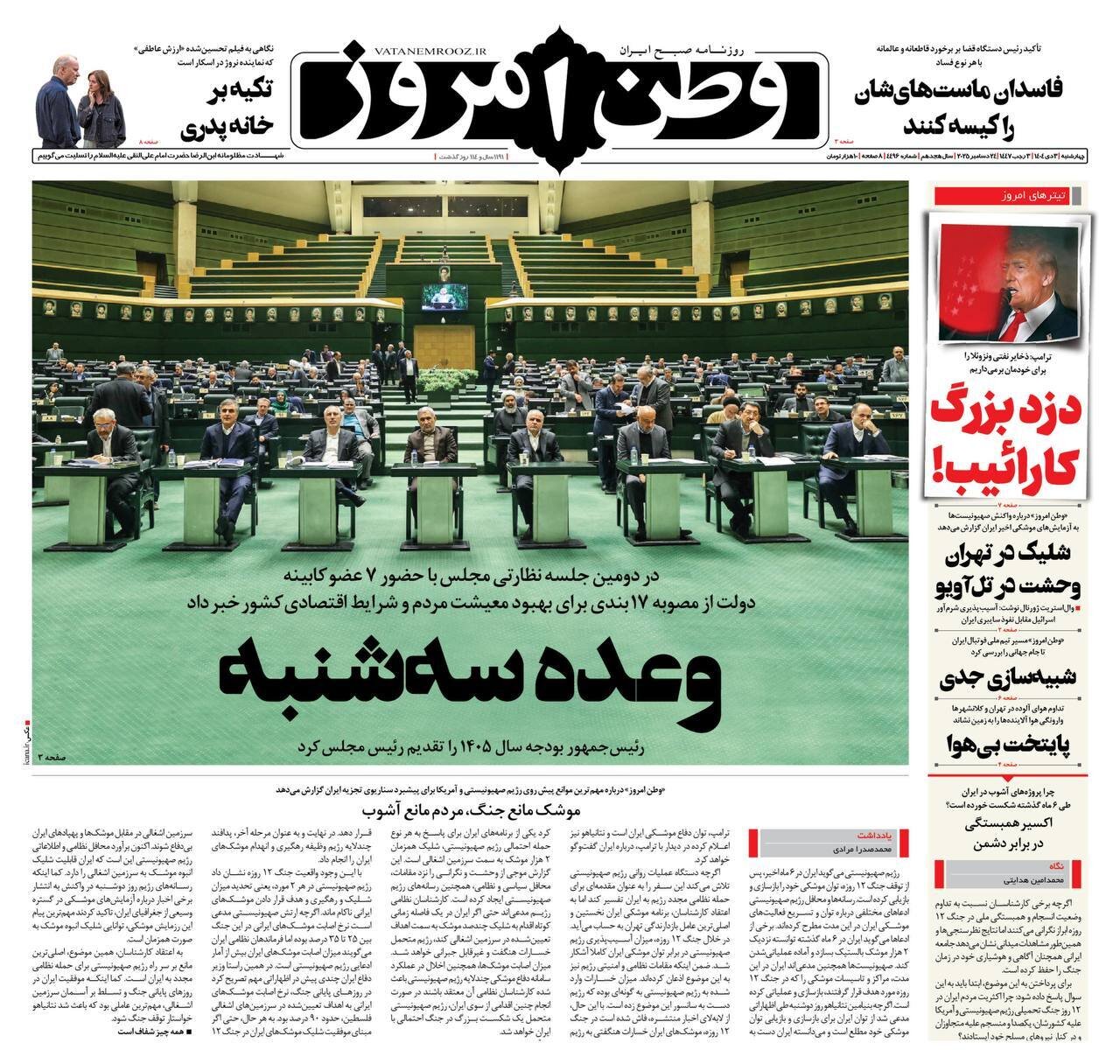 صفحه نخست روزنامه‌ها - چهارشنبه ۳ دی