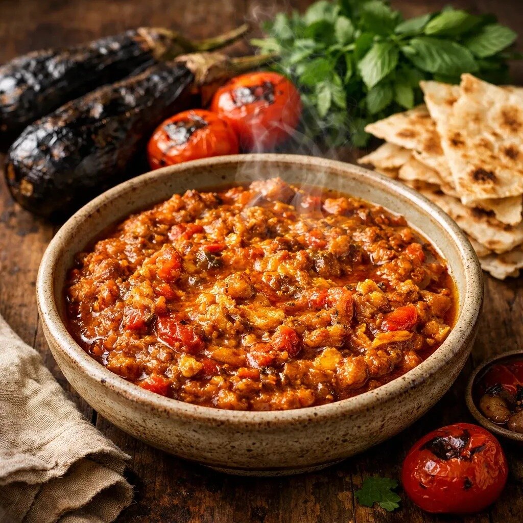 میرزا قاسمی اصیل با بادمجان کبابی و طعمی دودی