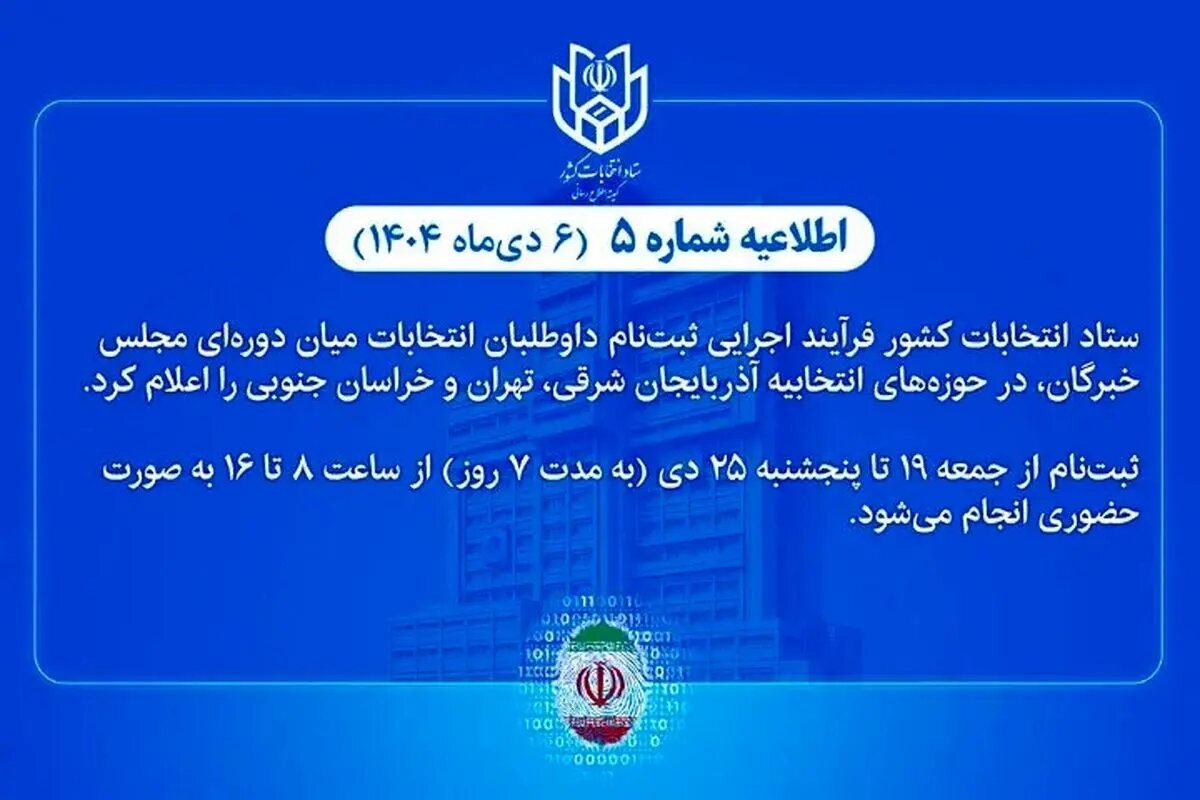 اعلام فرآیند اجرایی ثبت‌نام داوطلبان انتخابات میان دوره‌ای مجلس خبرگان