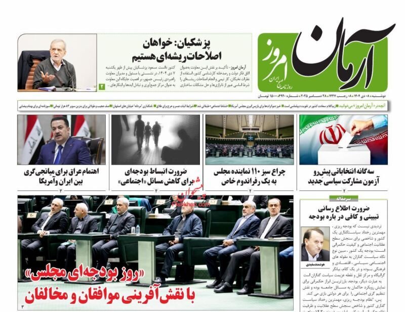 صفحه نخست روزنامه‌ها - دوشنبه ۸ دی