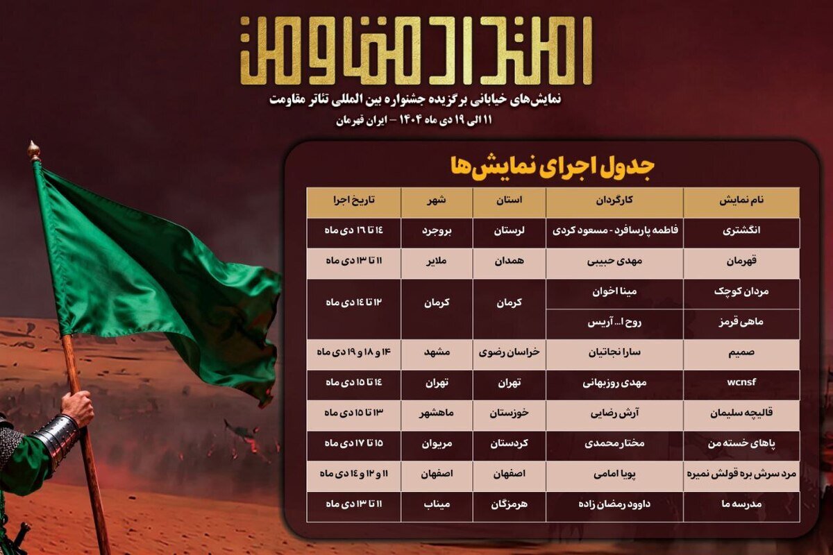 جدول اجرای یادواره نمایش‌های خیابانی «امتداد مقاومت» منتشر شد