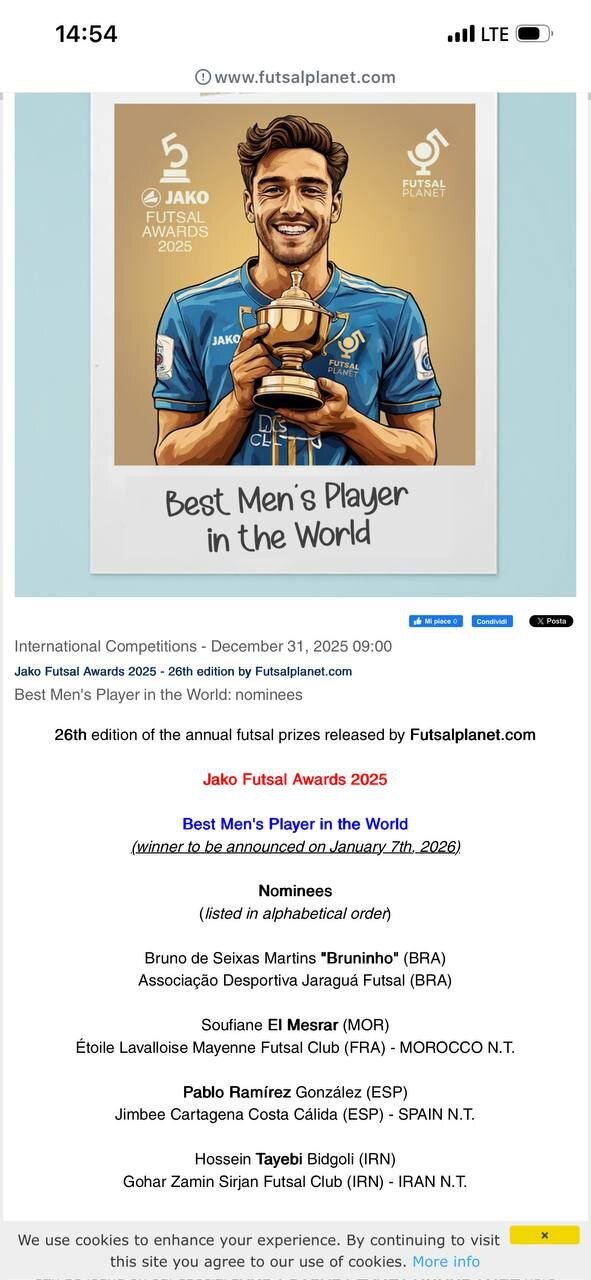 حسین طیبی بار دیگر نامزد بهترین بازیکن فوتسال جهان شد