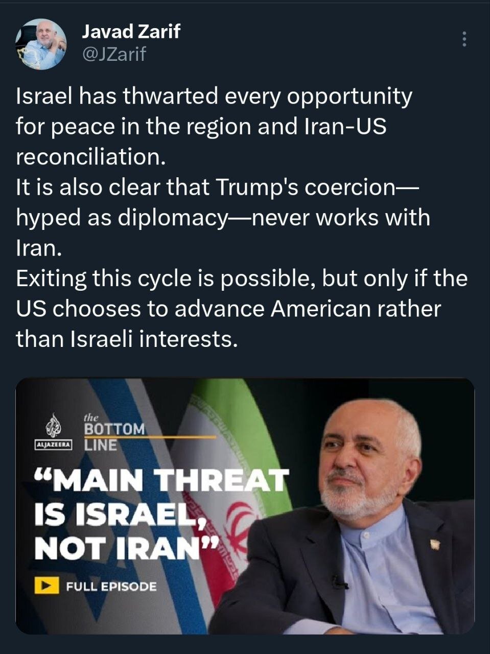 ظریف: اسرائیل تهدید اصلی منطقه است نه ایران