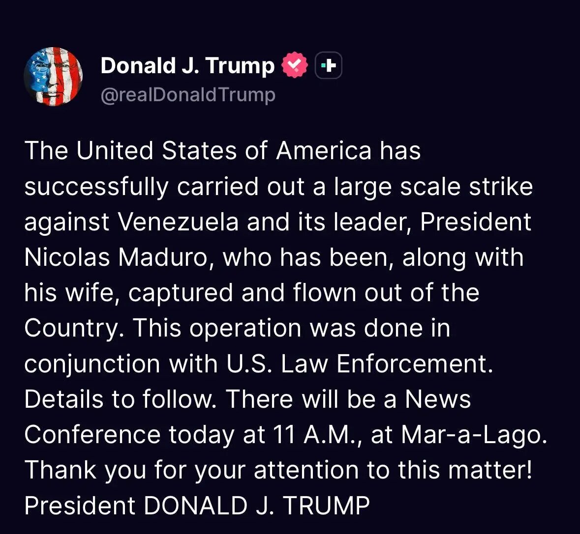 فوری | ترامپ: رئیس جمهور ونزوئلا و همسرش را دستگیر کردیم