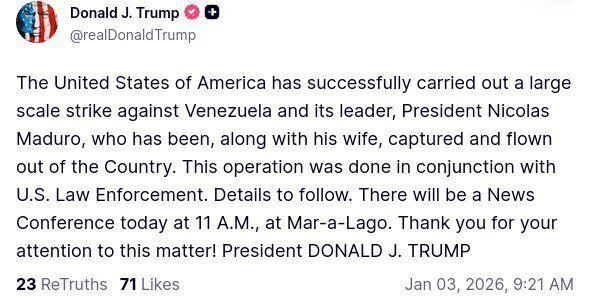 ادعای ترامپ: مادورو بازداشت شده است!