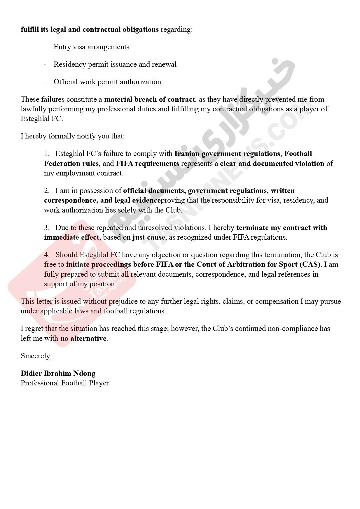 متن کامل و تصویر نامه فسخ قرارداد اندونگ با استقلال