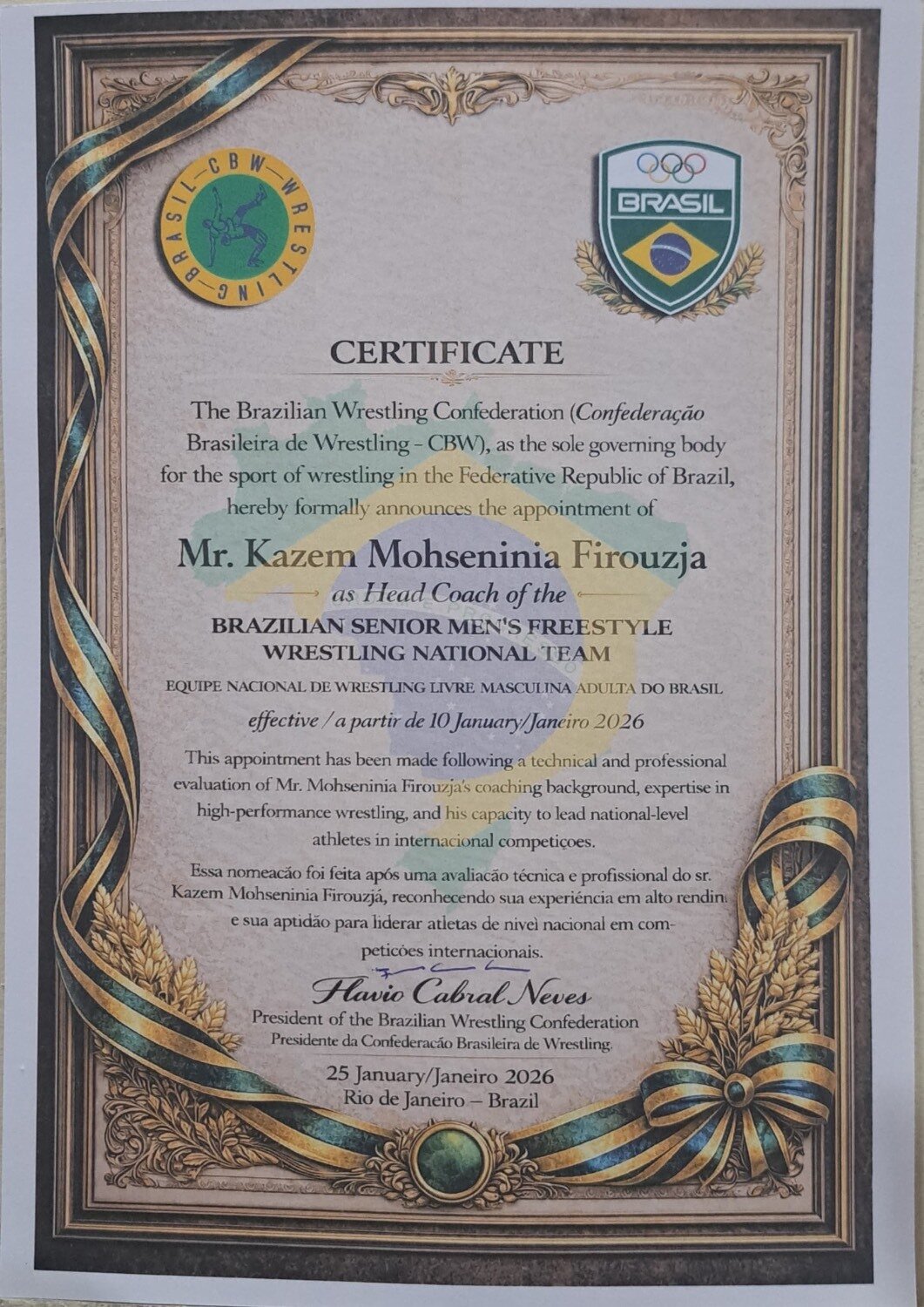 یک ایرانی سرمربی تیم ملی کشتی آزاد برزیل شد