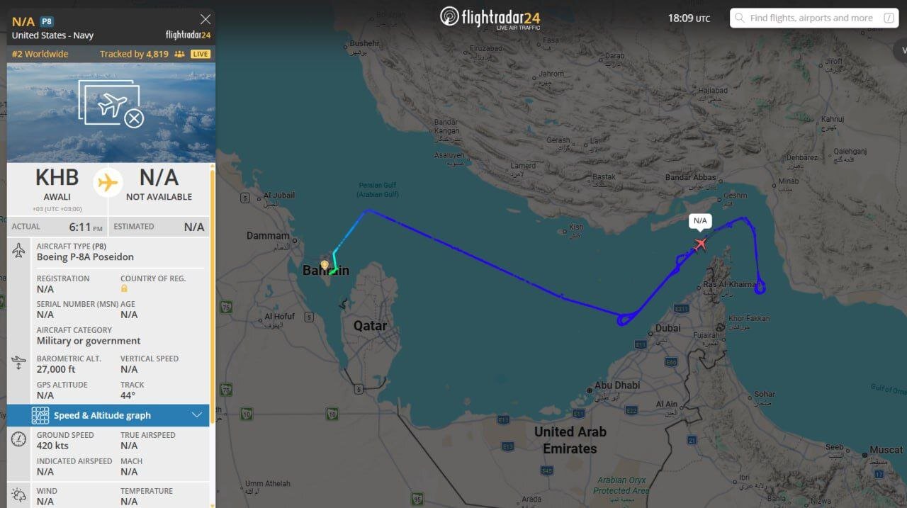 پرواز هواپیمای شناسایی آمریکا در نزدیکی سواحل جنوبی ایران