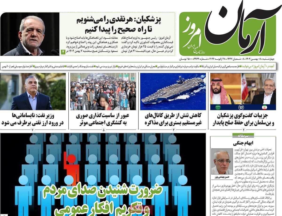 صفحه نخست روزنامه‌ها - چهارشنبه ۸ بهمن