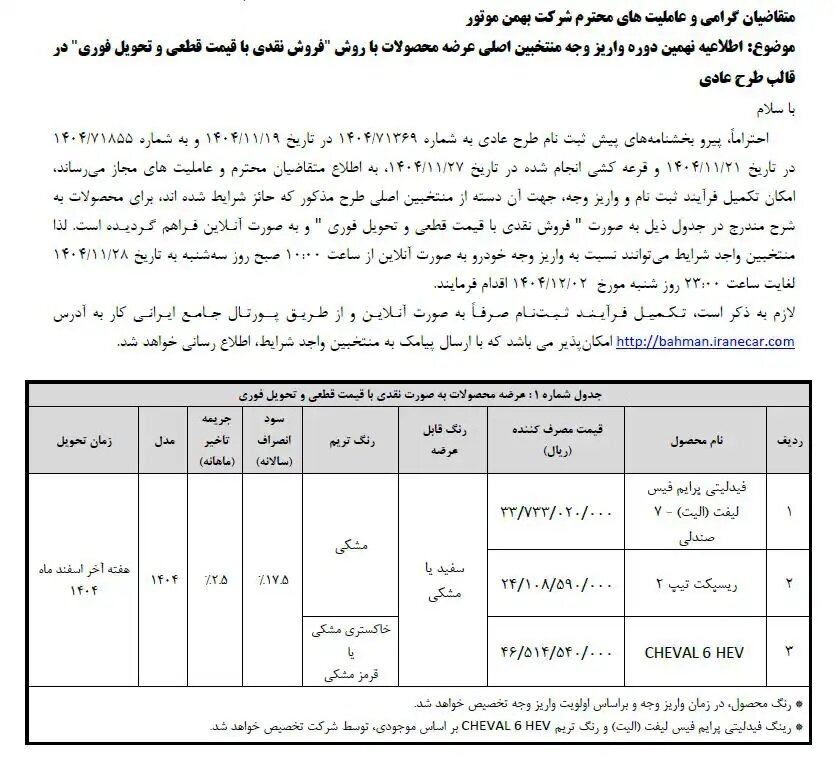 نتیجه قرعه کشی و بخشنامه فروش بهمن موتور اعلام شد – بهمن ۱۴۰۴