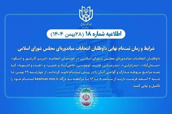 داوطلبان انتخابات میاندوره‌ای مجلس تا ۲ اسفند ثبت‌نام را نهایی کنند